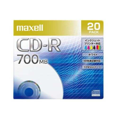 【販売終了】マクセル maxell データ用 CD-R 48倍速対応 インクジェットプリンター対応（ノンワイド） 700MB 5mmPケース 20枚 CDR700S.PNW.20S