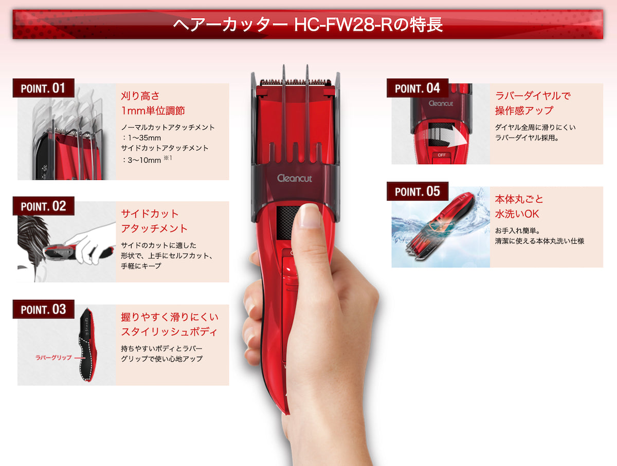 マクセルイズミ ヘアーカッター Cleancut HC-FW28-R レッド ショートやサイドの刈上げなど多彩なヘアーカットに対応